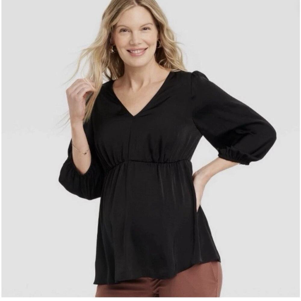 Ingrid + Isabel Maternity Blouse Large Black V Neck Open Back Puff Sleeve Top